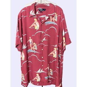 Vintage Polo Ralph Lauren Surfing Print Men's Shirt L Red Retro Surfers Hawaiian